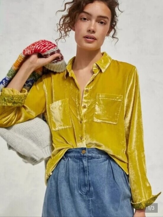 Pilcro Tops - Pilcro Anthropologie Velvet Button Down Shirt in Mustard Yellow_12